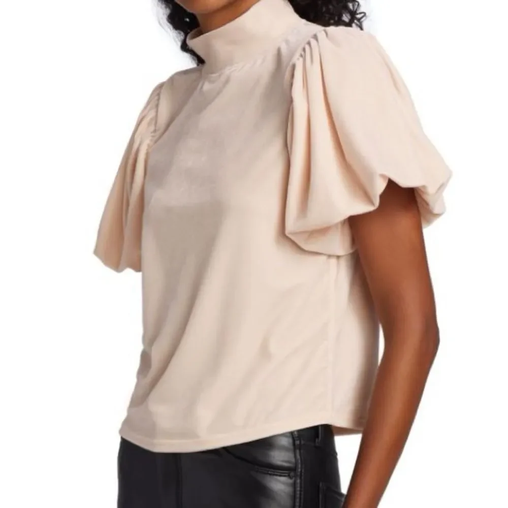 Free People Claudia Velvet Tee Puff Sleeve Mockneck Top Ballet Pink Size XS